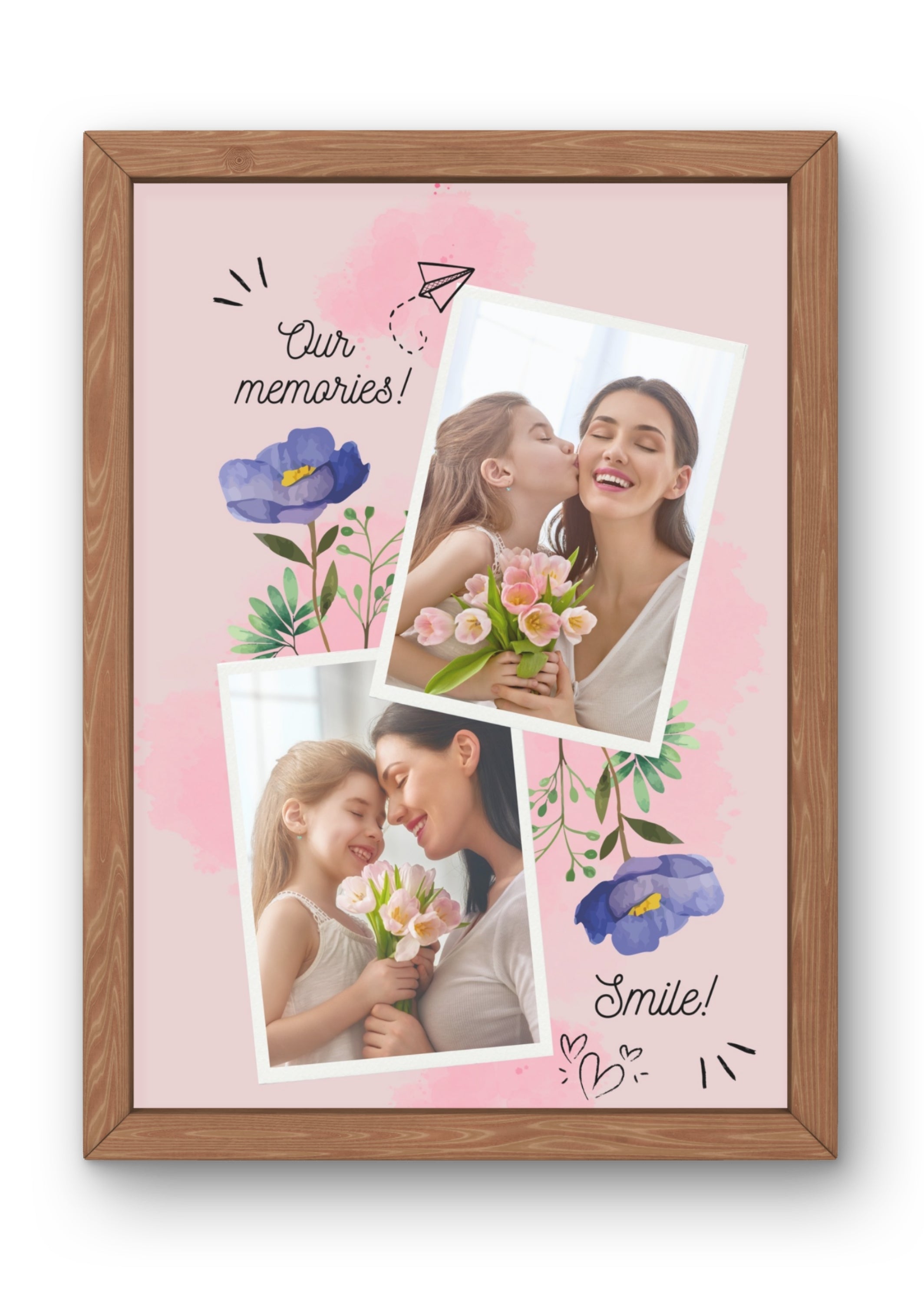 FrameYourMemories Customized Watercolor Floral Photo Frame – Personalized Mother & Daughter Collage Frame (12x8 Inch, 0.5 Inch Breadth)