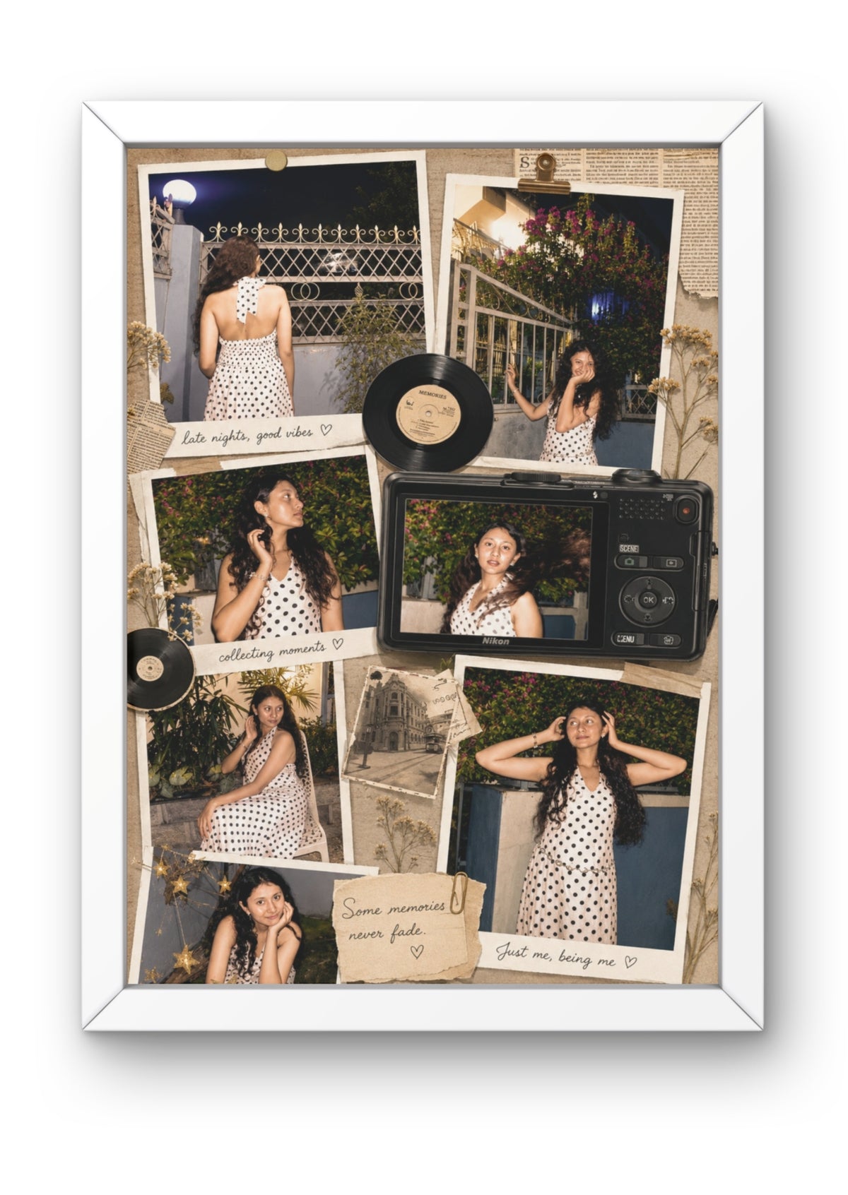 FrameYourMemories Customized Vintage Aesthetic Camera & Vinyl Scrapbook Frame – 7-Photo Polaroid Collage Frame with Retro Quotes (12x8 Inch, 0.5 Inch Breadth)