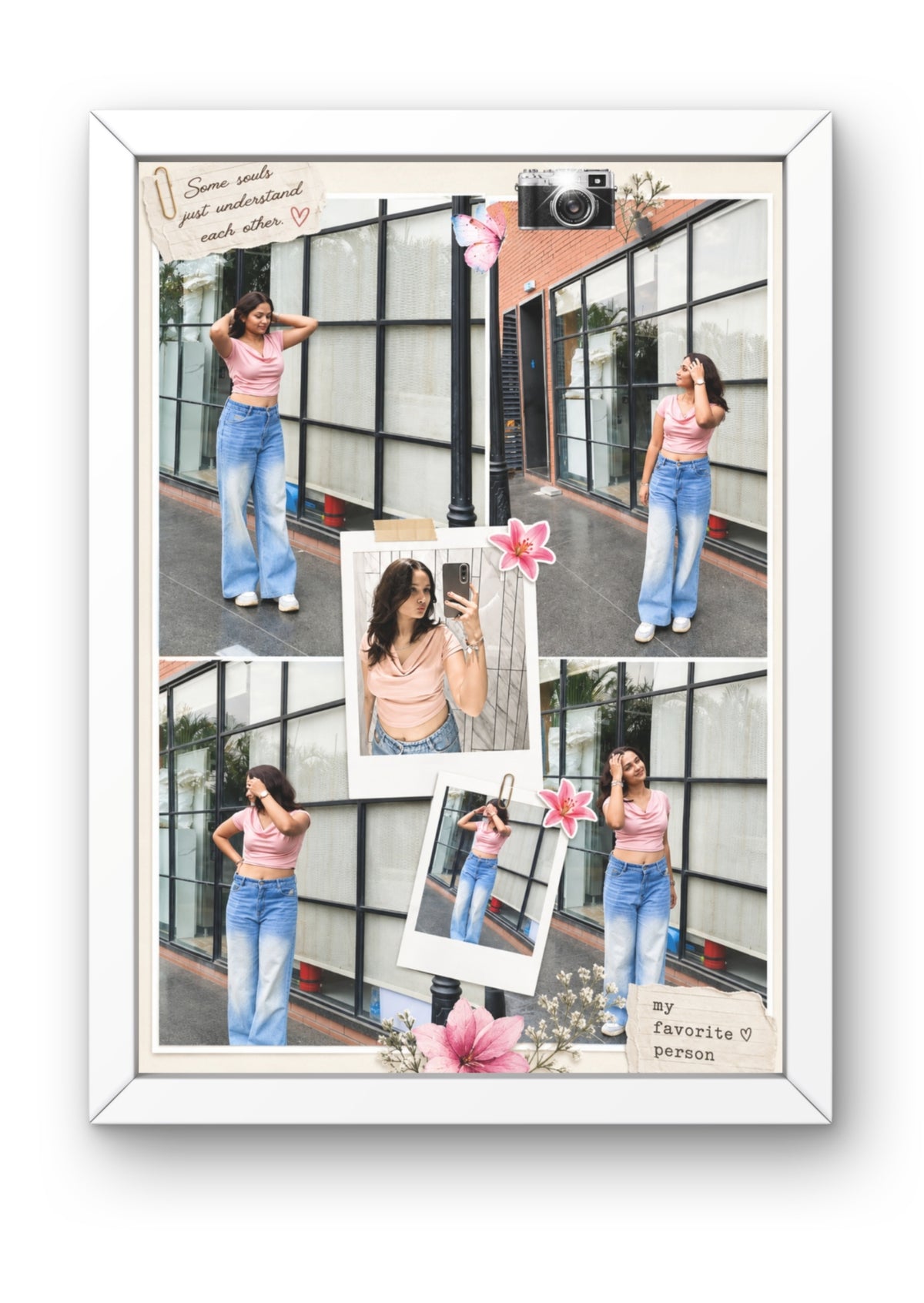 FrameYourMemories Customized Aesthetic Polaroid Photo Collage Frame – 6-Photo Scrapbook Frame with Vintage Camera & Flower Accents (12x8 Inch, 0.5 Inch Breadth)