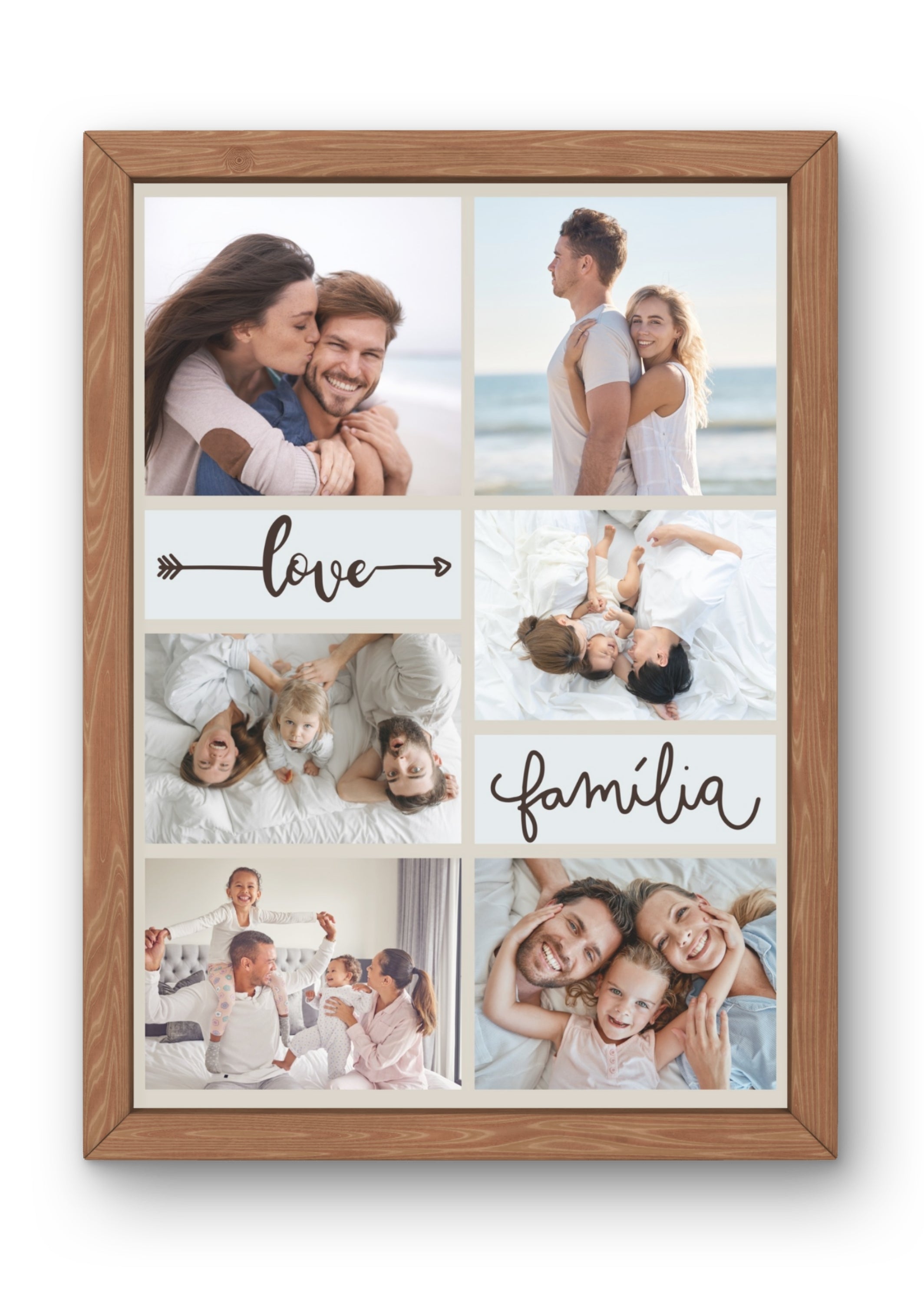 FrameYourMemories Customized 6-Photo Minimalist Family & Love Collage Frame – Personalized "Love & Família" Grid Frame (12x8 Inch, 0.5 Inch Breadth)