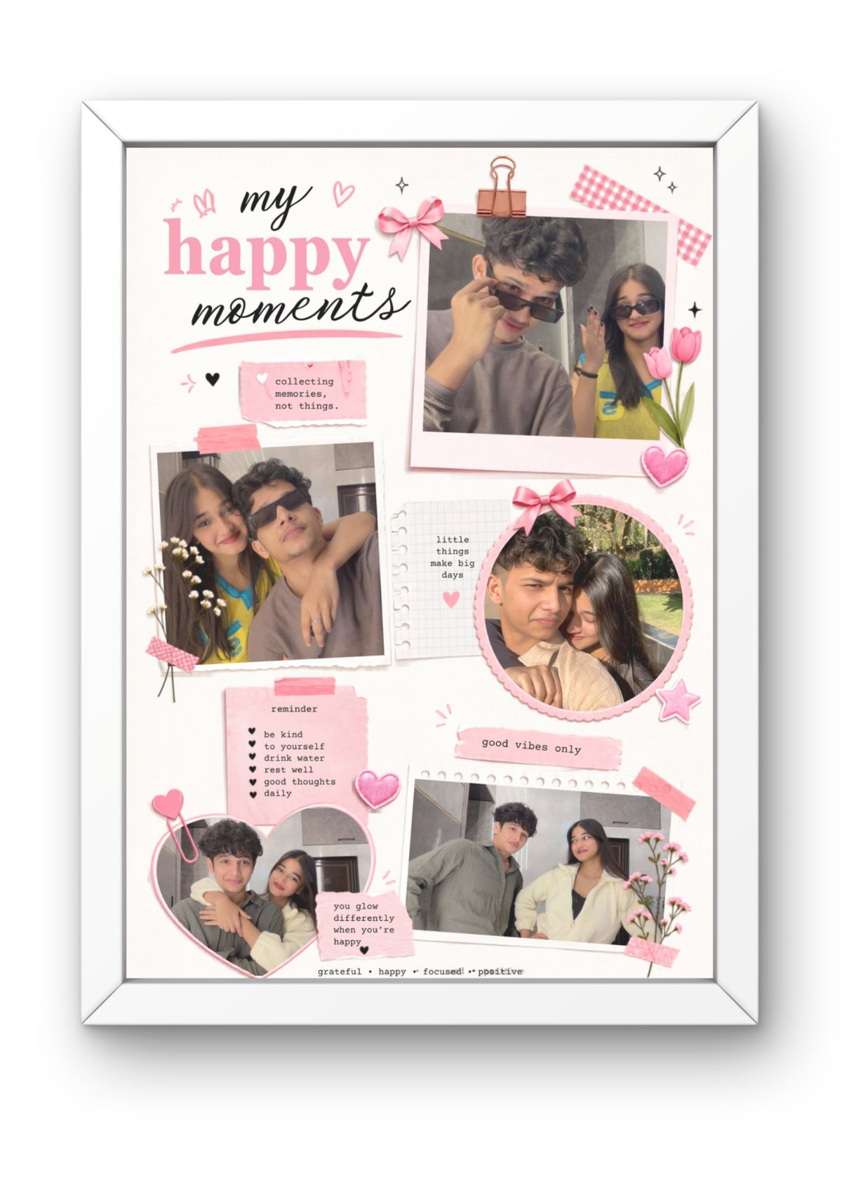 FrameYourMemories Customized "My Happy Moments" Pink Scrapbook Frame – Aesthetic 4-Photo Couple/Friends Collage Frame with Positive Reminders (12x8 Inch, 0.5 Inch Breadth)