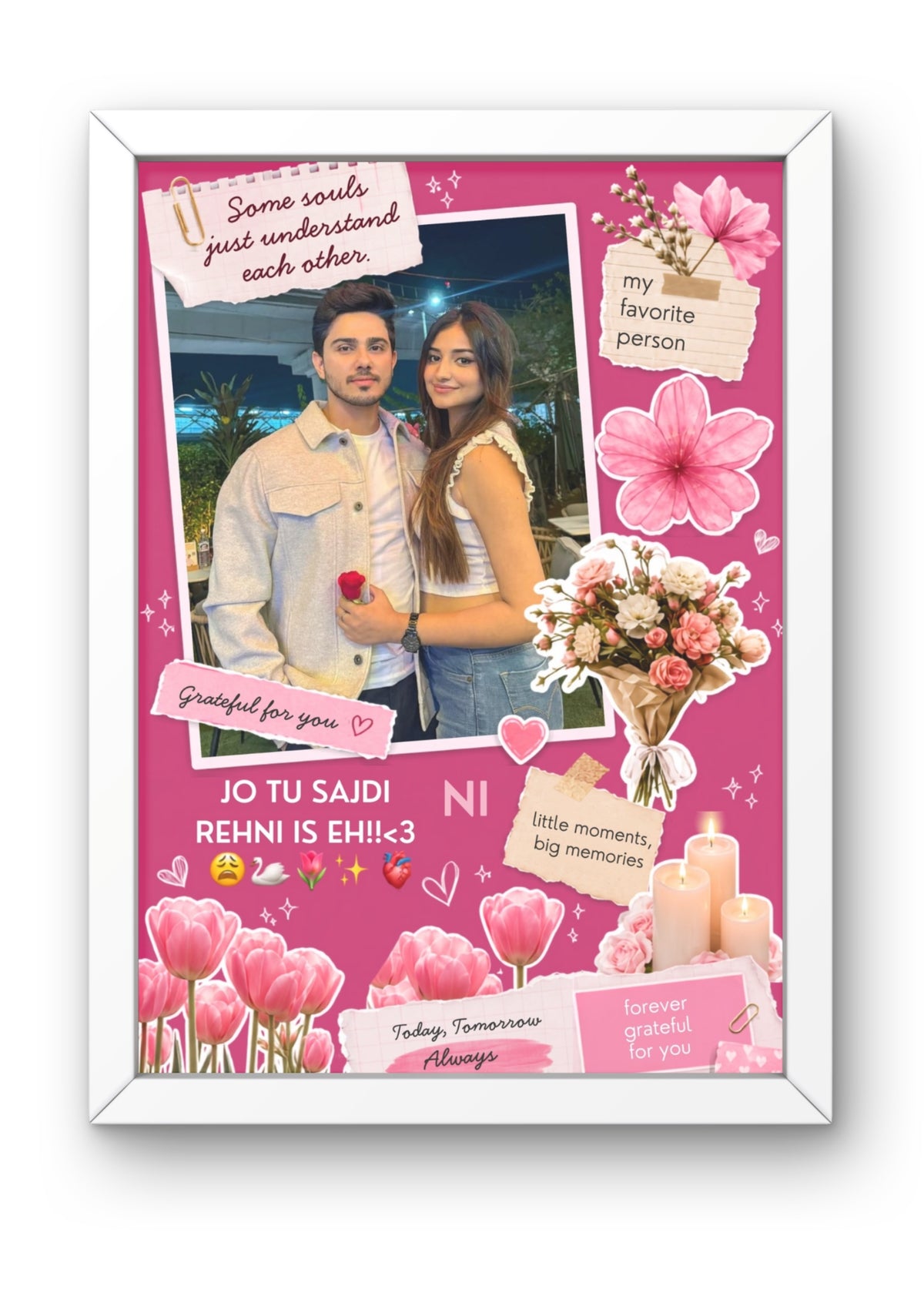 FrameYourMemories Customized Romantic Pink Floral Scrapbook Frame – Aesthetic Solo/Couple Photo Frame with Love Quotes & Song Lyric Tags (12x8 Inch, 0.5 Inch Breadth)