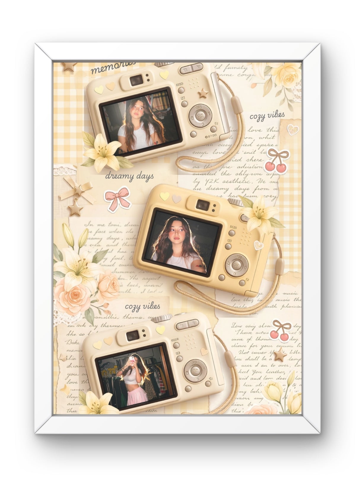 FrameYourMemories Customized Coquette Camera Collage Frame – Vintage Beige Aesthetic 3-Photo Scrapbook Frame (12x8 Inch, 0.5 Inch Breadth)