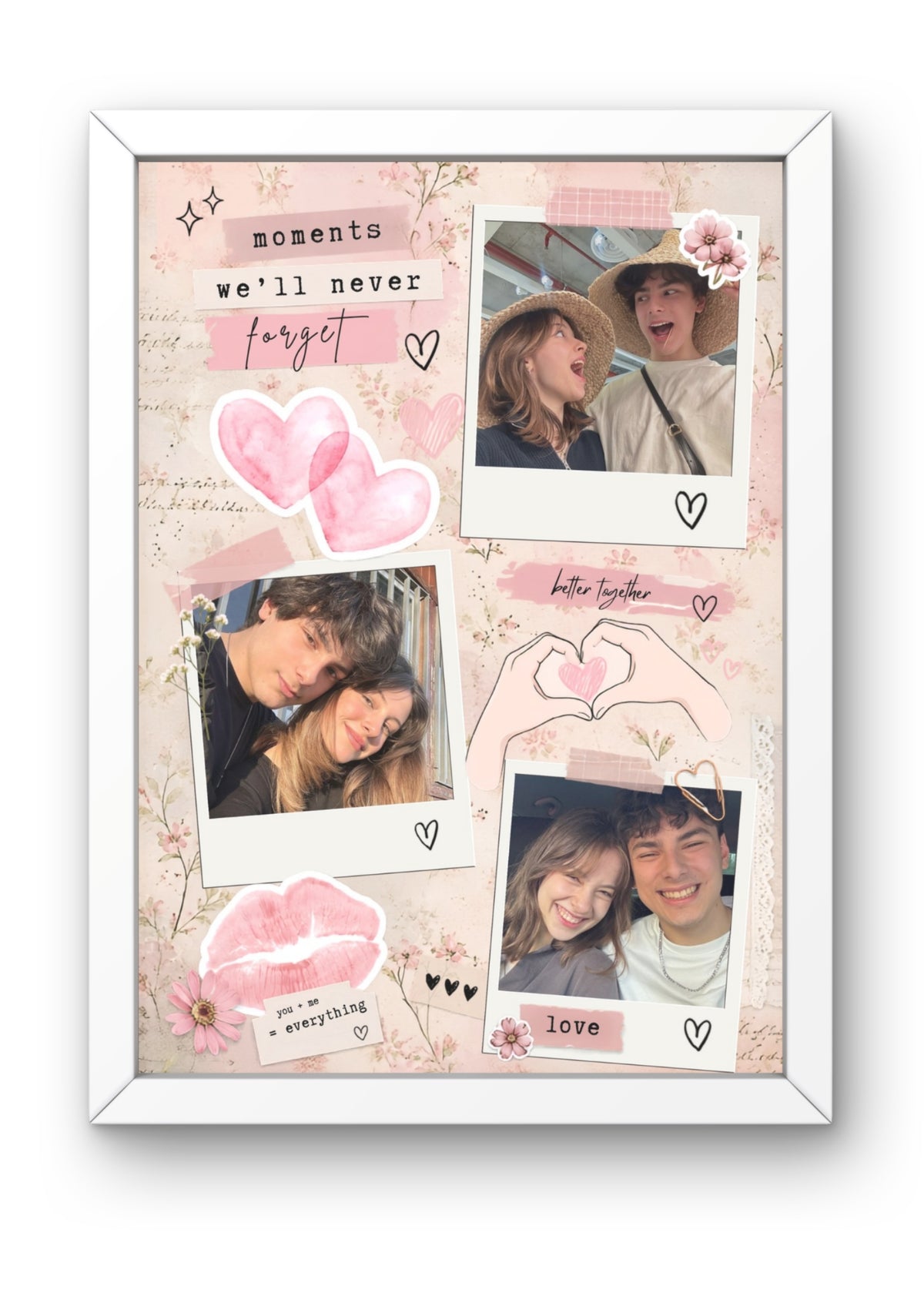 FrameYourMemories Customized Romantic Soft Pink Floral Polaroid Frame – Aesthetic 3-Photo Couple Collage Frame with Love Quotes (12x8 Inch, 0.5 Inch Breadth)
