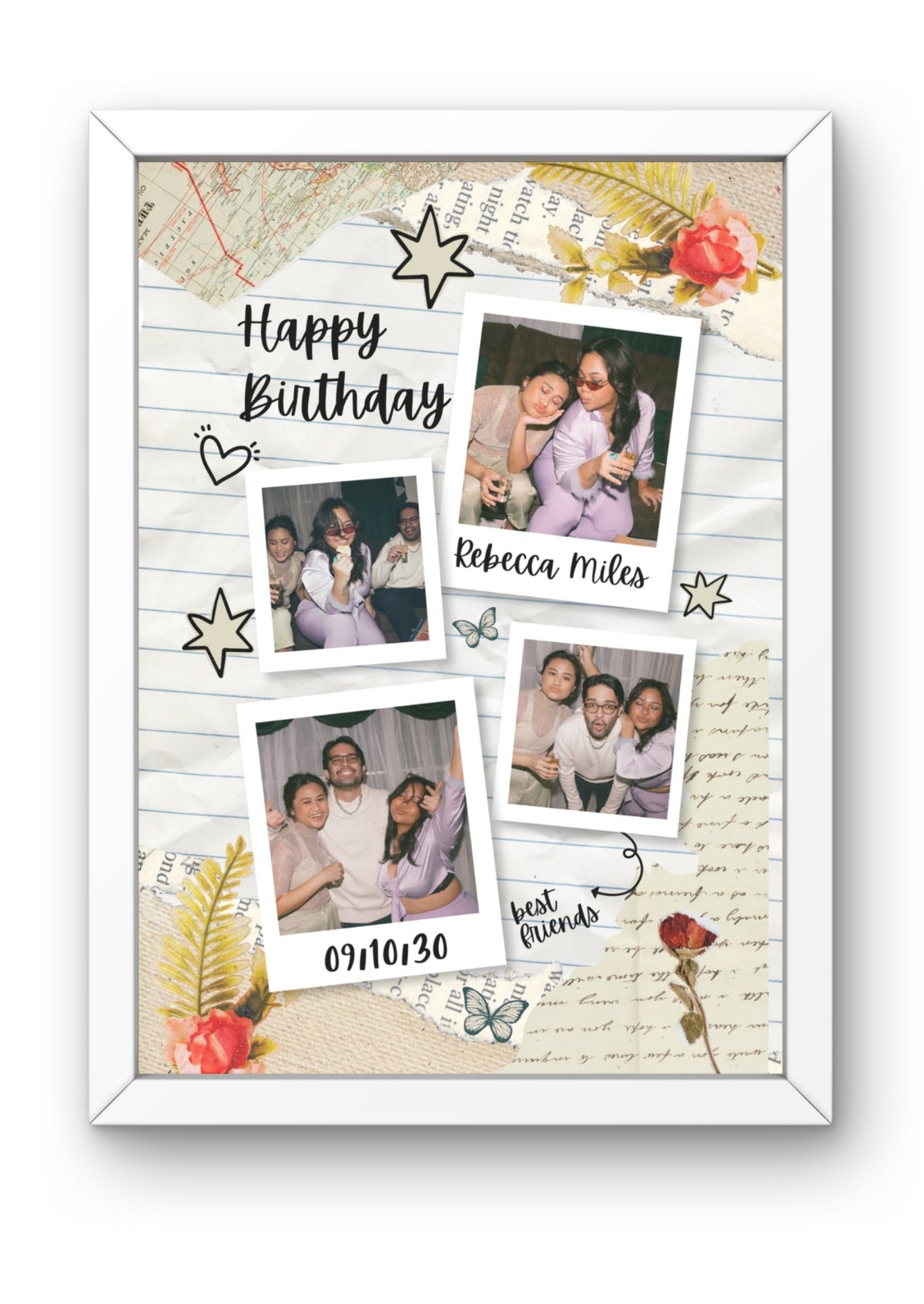 FrameYourMemories Customized Vintage Lined Journal Birthday Frame – Aesthetic 4-Photo Polaroid Collage Frame with Name & Date (12x8 Inch, 0.5 Inch Breadth)