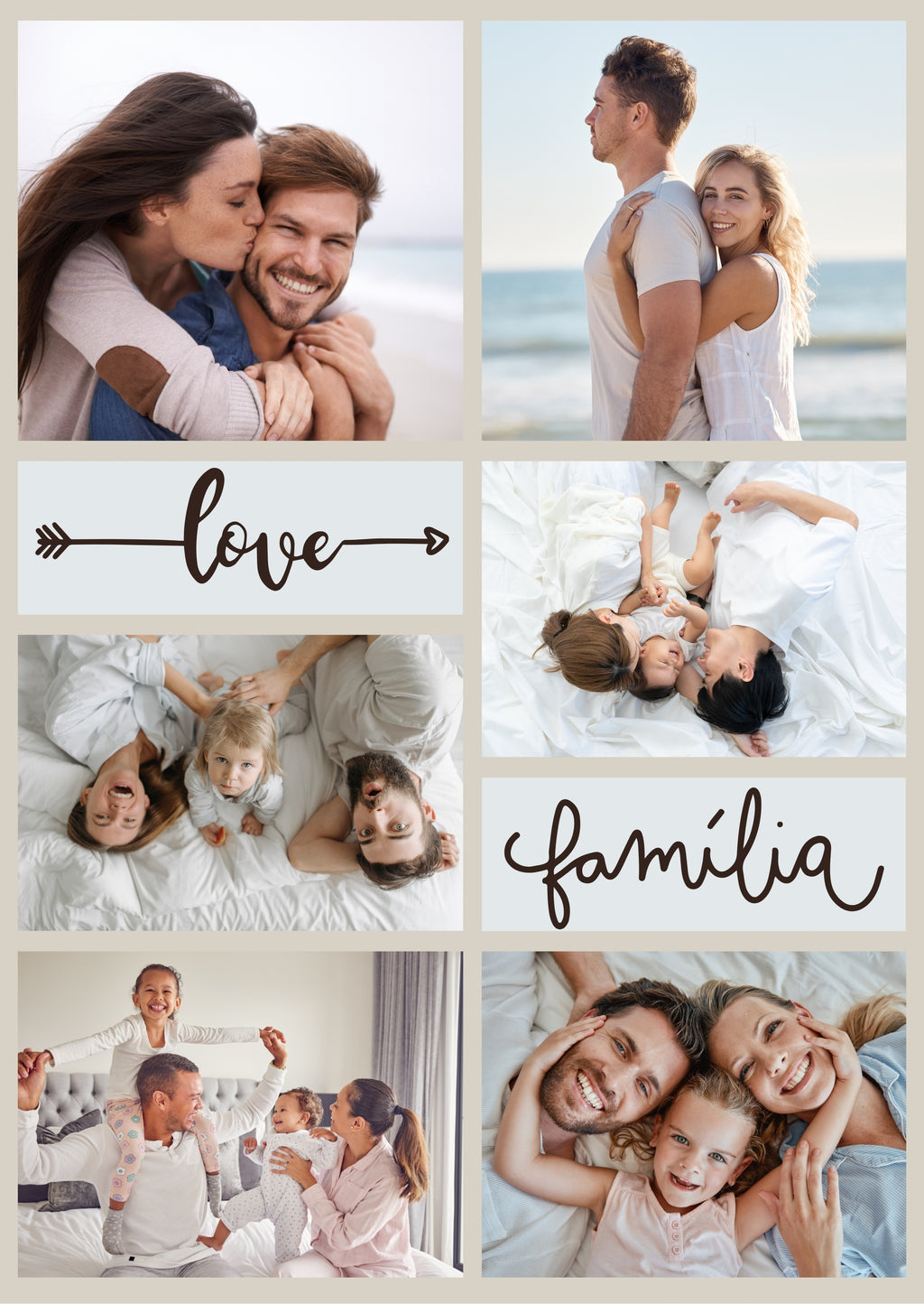 FrameYourMemories Customized 6-Photo Minimalist Family & Love Collage Frame – Personalized "Love & Família" Grid Frame (12x8 Inch, 0.5 Inch Breadth)