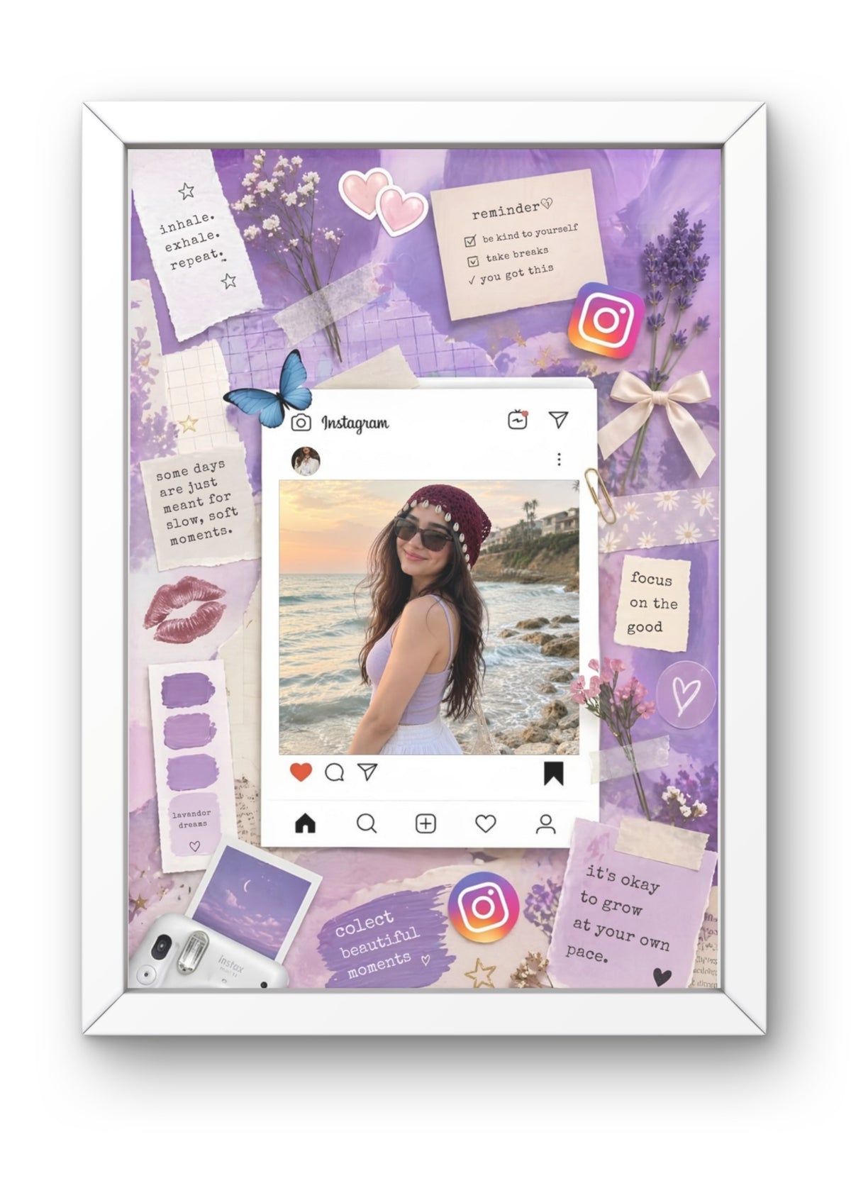 FrameYourMemories Customized Lavender Aesthetic Instagram Post Frame – Solo Portrait Scrapbook Frame with Positive Quotes (12x8 Inch, 0.5 Inch Breadth)