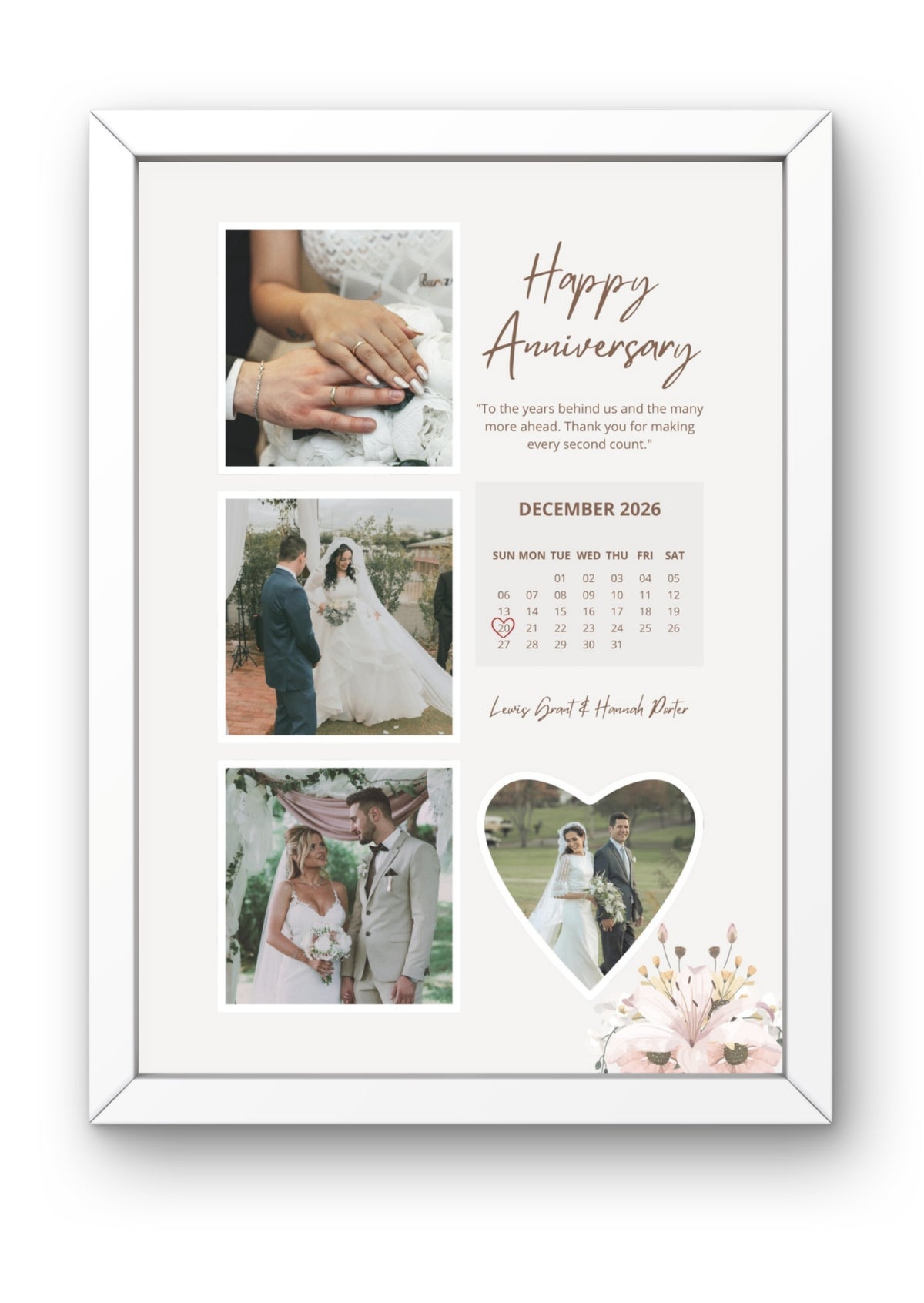 FrameYourMemories Customized Romantic Floral Anniversary Frame – Aesthetic 4-Photo Collage Frame with Date Calendar & Names (12x8 Inch, 0.5 Inch Breadth)