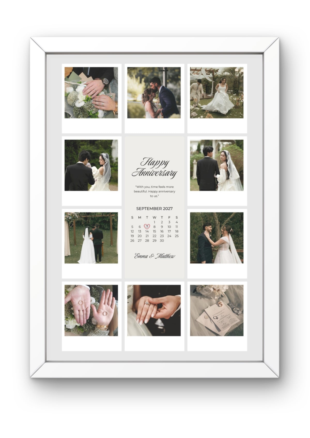 FrameYourMemories Customized Elegant Anniversary Grid Frame – Aesthetic 8-Photo Polaroid Collage Frame with Anniversary Calendar & Names (12x8 Inch, 0.5 Inch Breadth)