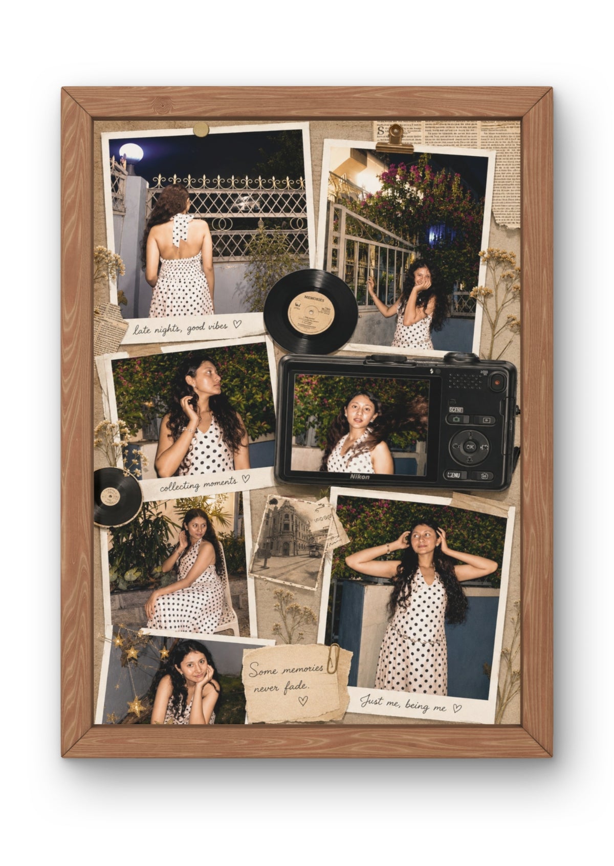FrameYourMemories Customized Vintage Aesthetic Camera & Vinyl Scrapbook Frame – 7-Photo Polaroid Collage Frame with Retro Quotes (12x8 Inch, 0.5 Inch Breadth)