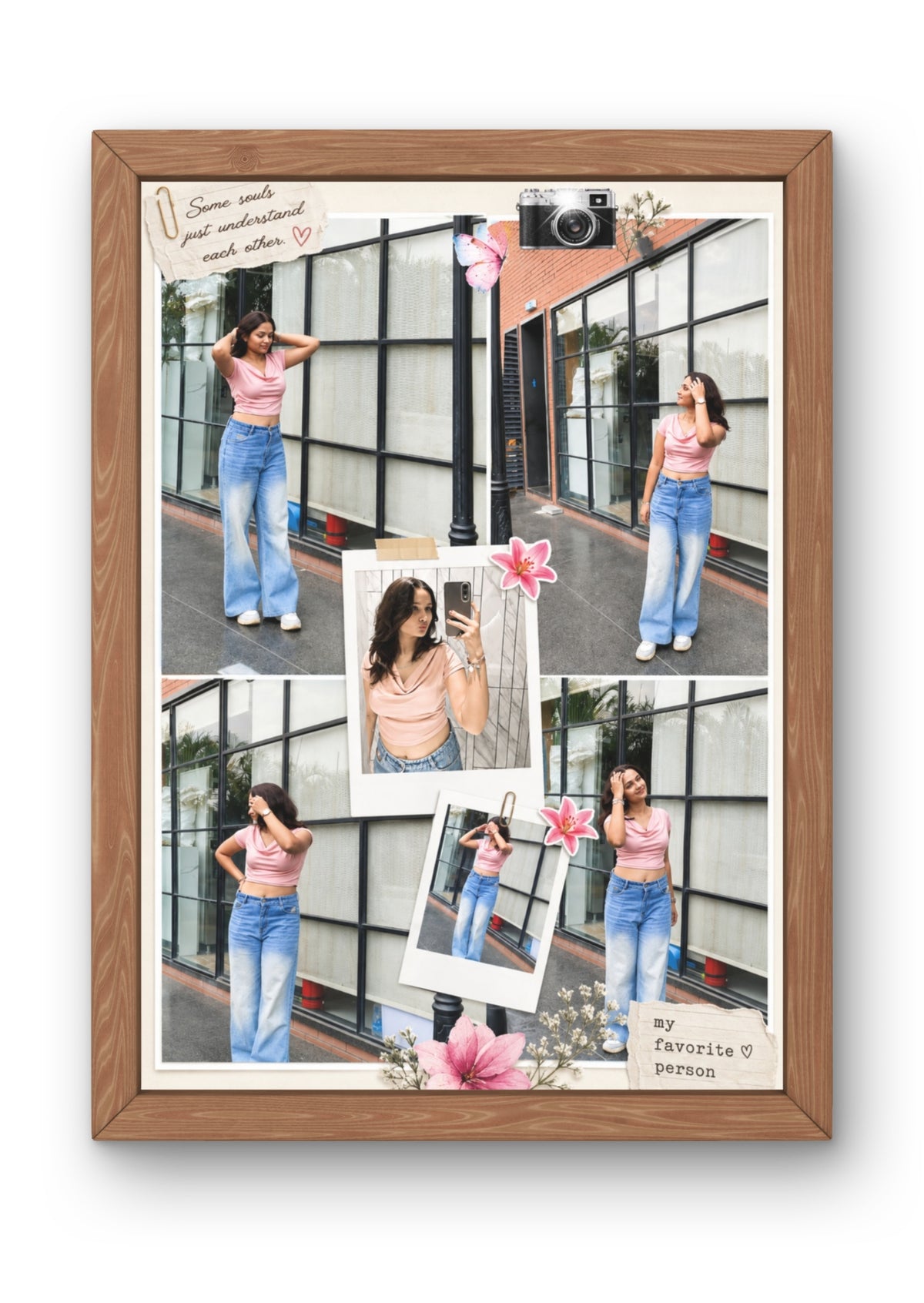 FrameYourMemories Customized Aesthetic Polaroid Photo Collage Frame – 6-Photo Scrapbook Frame with Vintage Camera & Flower Accents (12x8 Inch, 0.5 Inch Breadth)