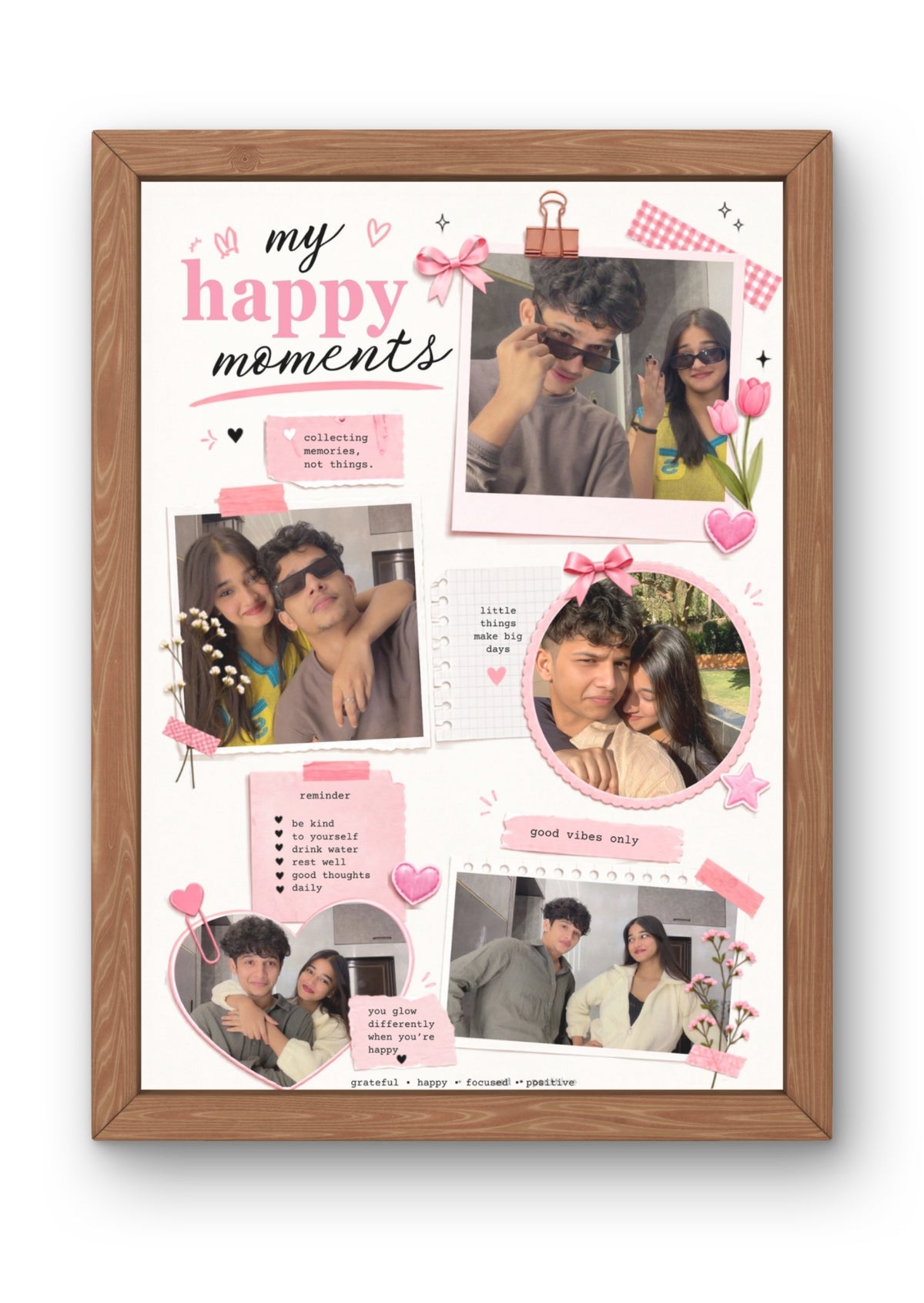 FrameYourMemories Customized "My Happy Moments" Pink Scrapbook Frame – Aesthetic 4-Photo Couple/Friends Collage Frame with Positive Reminders (12x8 Inch, 0.5 Inch Breadth)