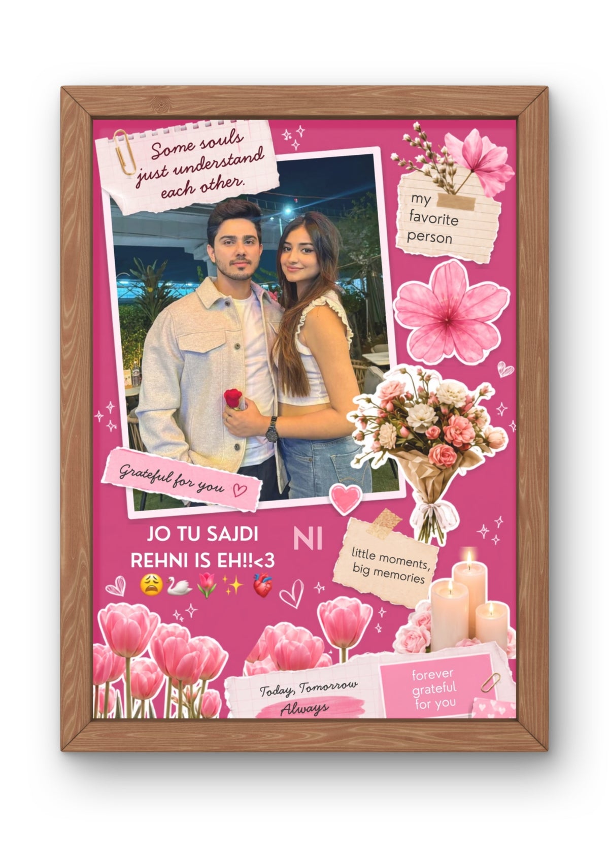 FrameYourMemories Customized Romantic Pink Floral Scrapbook Frame – Aesthetic Solo/Couple Photo Frame with Love Quotes & Song Lyric Tags (12x8 Inch, 0.5 Inch Breadth)