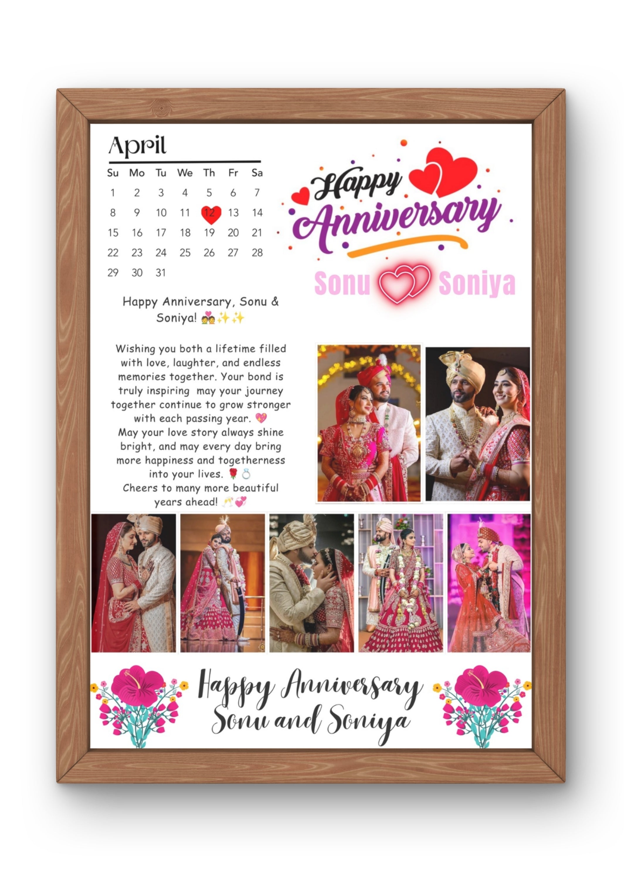 FrameYourMemories Customized Happy Anniversary Calendar Photo Frame – Personalized Couples Wedding Collage Frame (12x8 Inch, 0.5 Inch Breadth)