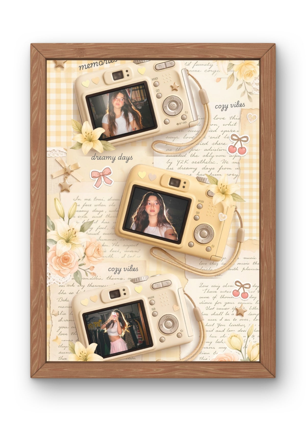 FrameYourMemories Customized Coquette Camera Collage Frame – Vintage Beige Aesthetic 3-Photo Scrapbook Frame (12x8 Inch, 0.5 Inch Breadth)