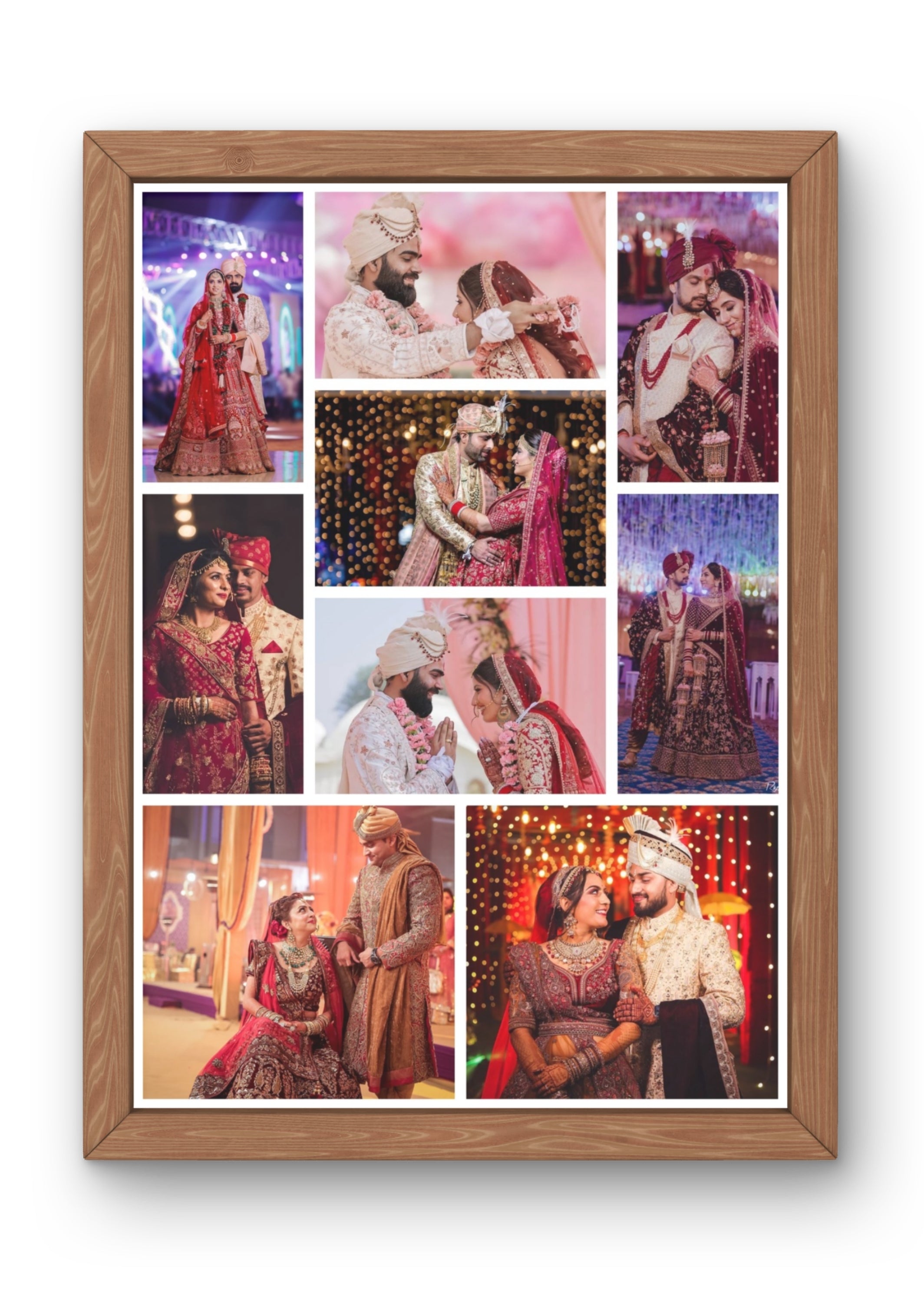 FrameYourMemories Customized 8-Photo Royal Wedding Collage Frame – Personalized Couples Indian Wedding Photo Grid (12x8 Inch, 0.5 Inch Breadth)