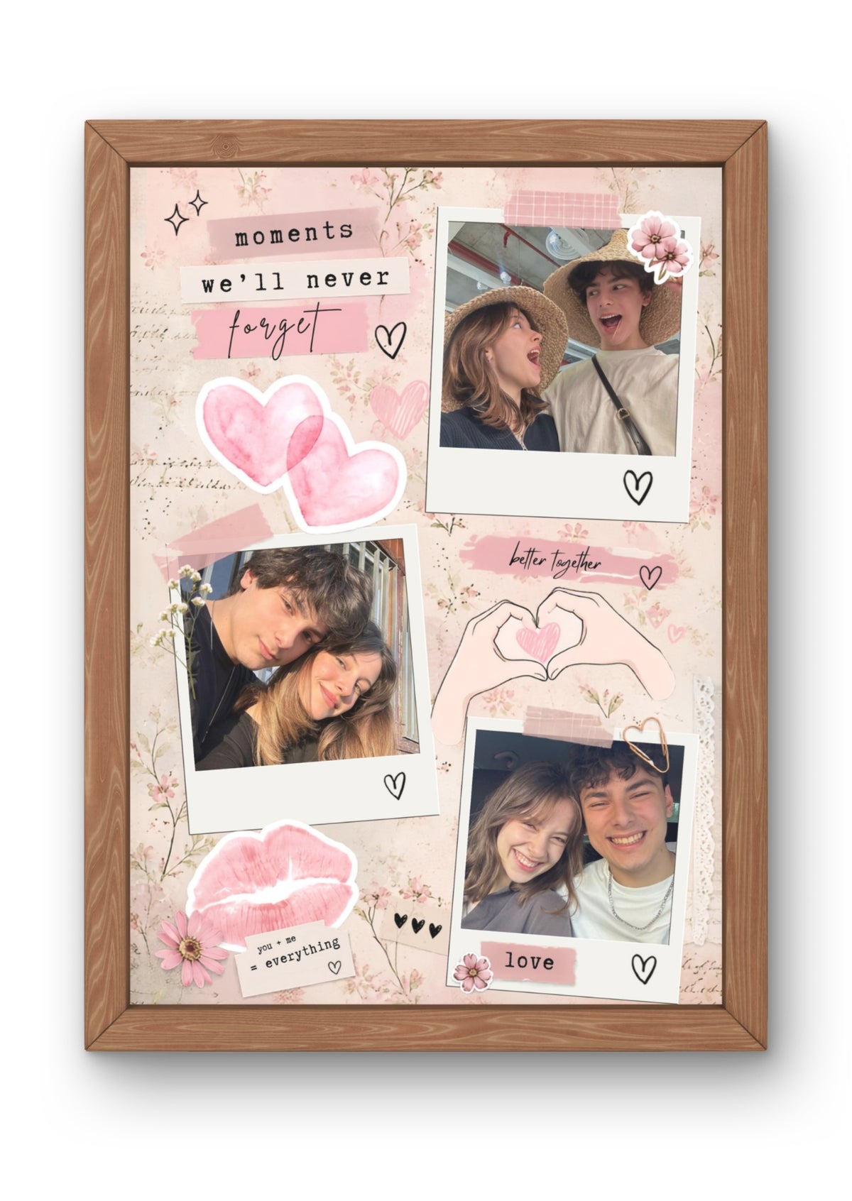 FrameYourMemories Customized Romantic Soft Pink Floral Polaroid Frame – Aesthetic 3-Photo Couple Collage Frame with Love Quotes (12x8 Inch, 0.5 Inch Breadth)