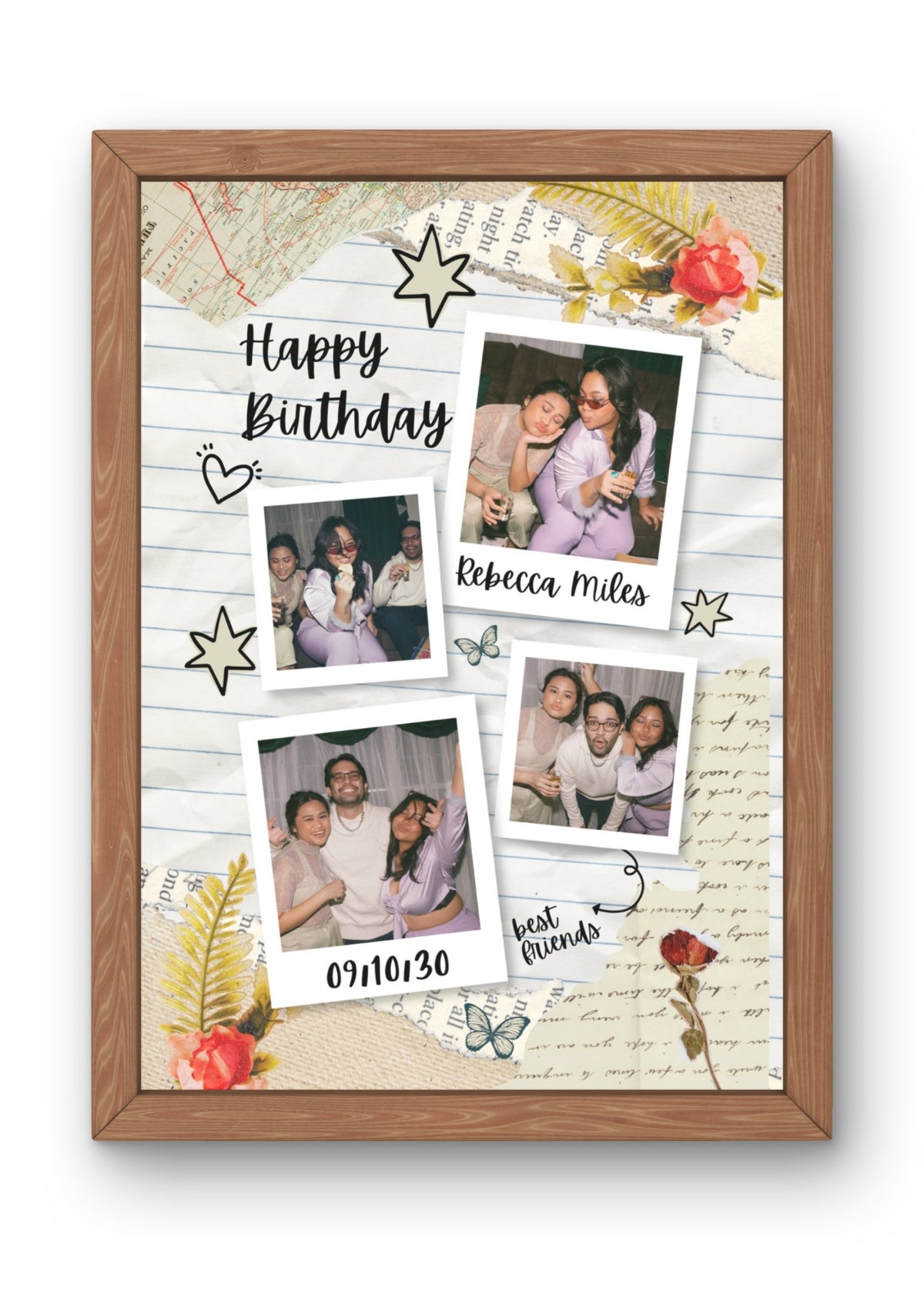 FrameYourMemories Customized Vintage Lined Journal Birthday Frame – Aesthetic 4-Photo Polaroid Collage Frame with Name & Date (12x8 Inch, 0.5 Inch Breadth)