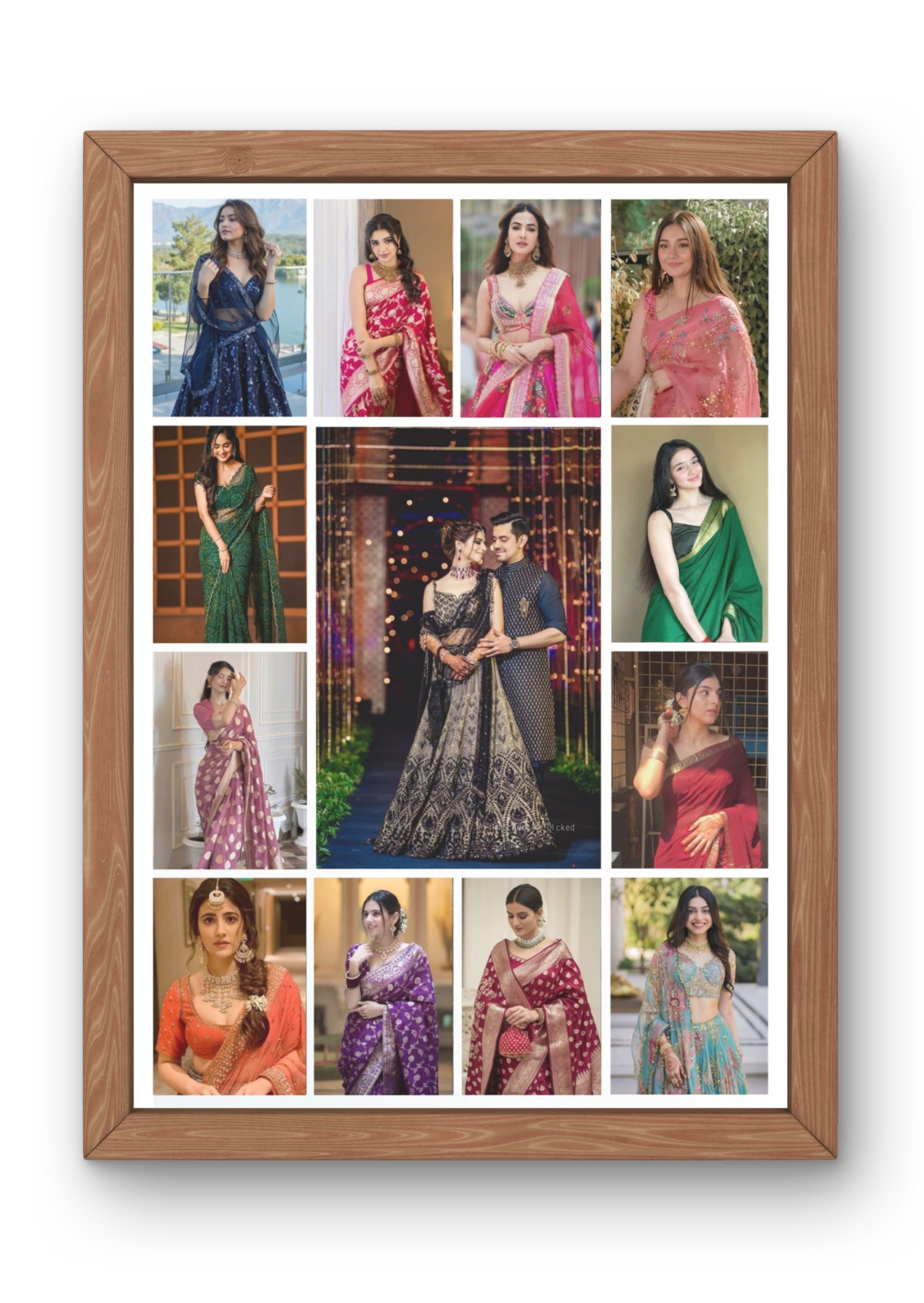 FrameYourMemories Customized 13-Photo Ethnic Fashion Collage Frame – Personalized Festive & Couple Photo Grid (12x8 Inch, 0.5 Inch Breadth)