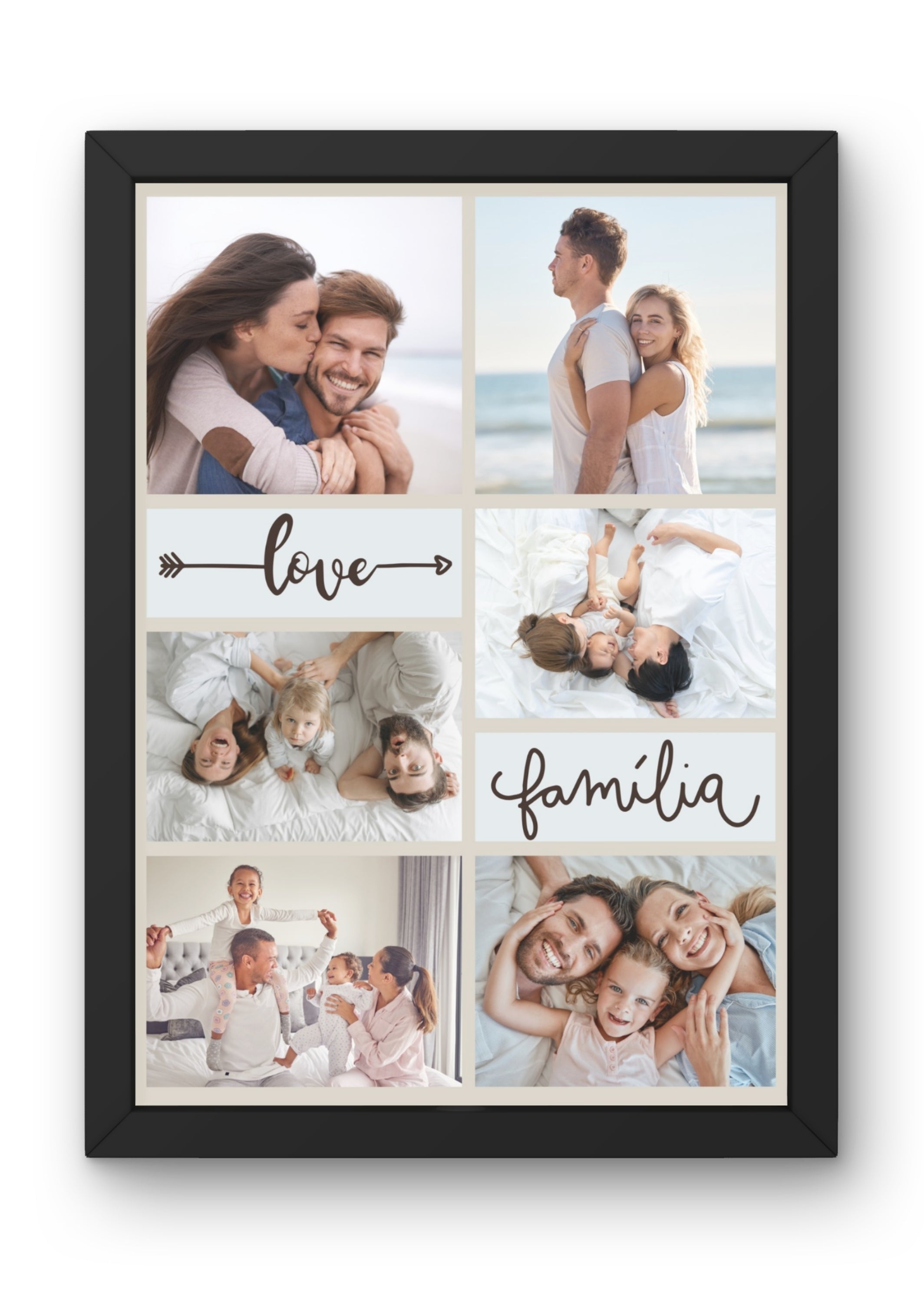 FrameYourMemories Customized 6-Photo Minimalist Family & Love Collage Frame – Personalized "Love & Família" Grid Frame (12x8 Inch, 0.5 Inch Breadth)
