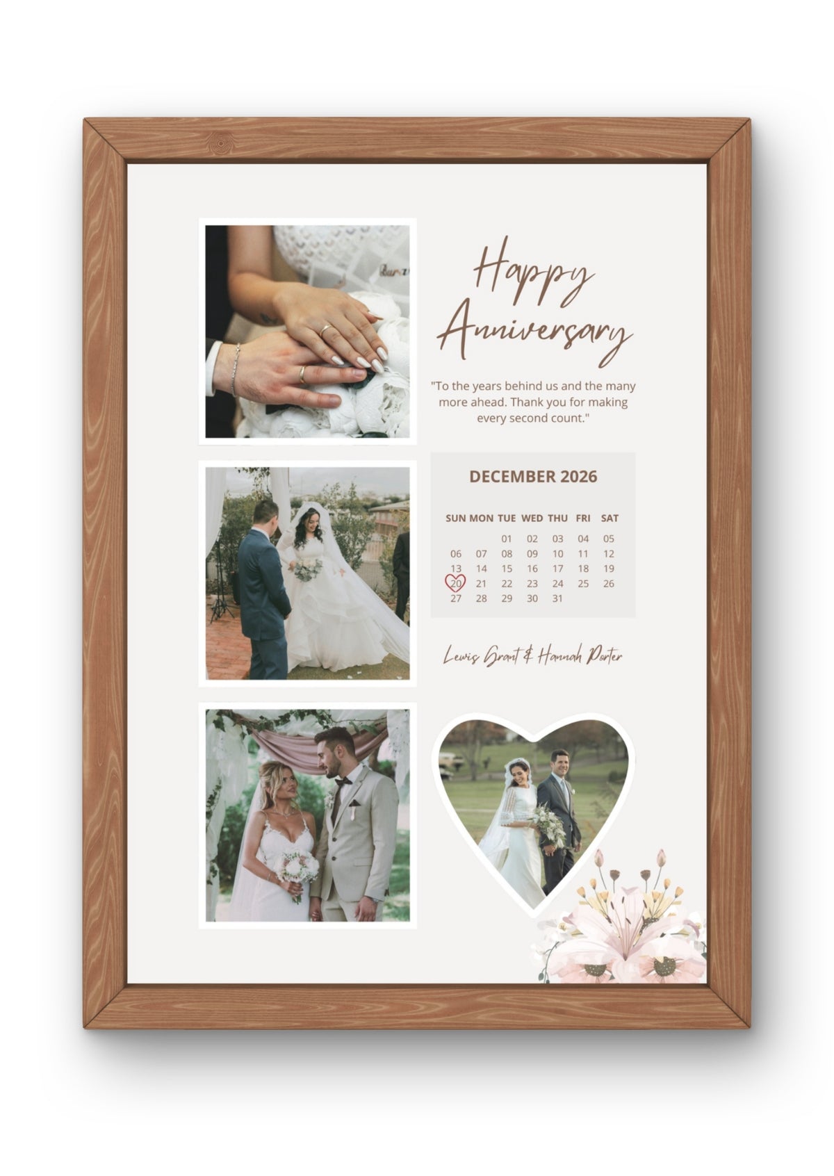 FrameYourMemories Customized Romantic Floral Anniversary Frame – Aesthetic 4-Photo Collage Frame with Date Calendar & Names (12x8 Inch, 0.5 Inch Breadth)