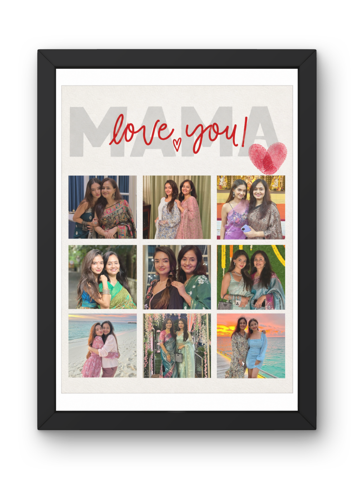 FrameYourMemories Customized "Love You MAMA" Photo Collage Frame – Minimalist 9-Photo Mother's Day & Birthday Grid Frame with Fingerprint Heart (12x8 Inch, 0.5 Inch Breadth)