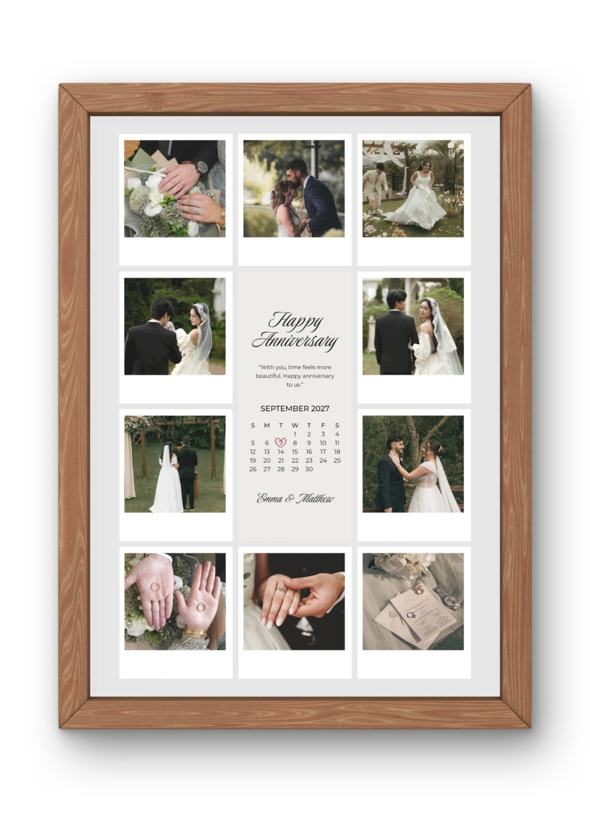 FrameYourMemories Customized Elegant Anniversary Grid Frame – Aesthetic 8-Photo Polaroid Collage Frame with Anniversary Calendar & Names (12x8 Inch, 0.5 Inch Breadth)