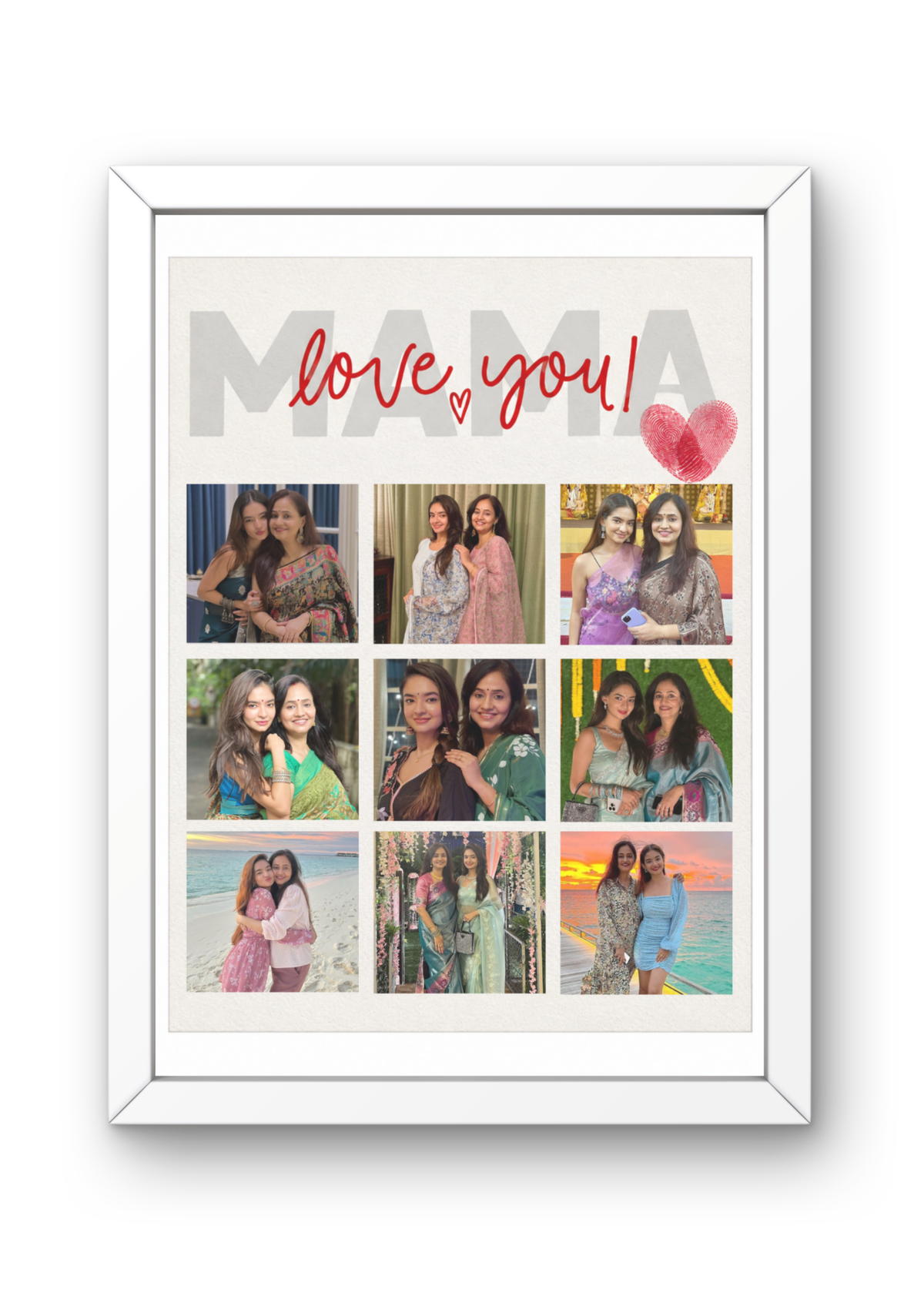 FrameYourMemories Customized "Love You MAMA" Photo Collage Frame – Minimalist 9-Photo Mother's Day & Birthday Grid Frame with Fingerprint Heart (12x8 Inch, 0.5 Inch Breadth)