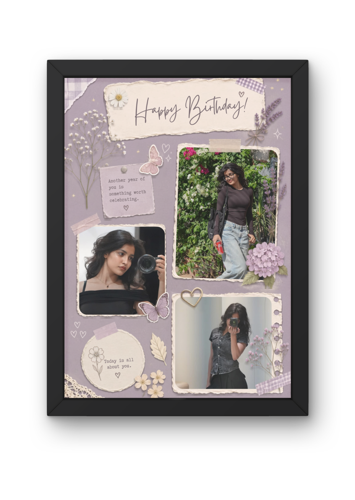 FrameYourMemories Customized Lavender Butterfly Scrapbook Birthday Frame – Aesthetic Floral Photo Collage Frame (12x8 Inch, 0.5 Inch Breadth)