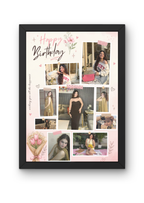 FrameYourMemories Customized Aesthetic Birthday Scrapbook Frame – 9-Photo Pink Floral Birthday Collage Frame with Celebratory Wishes (12x8 Inch, 0.5 Inch Breadth)