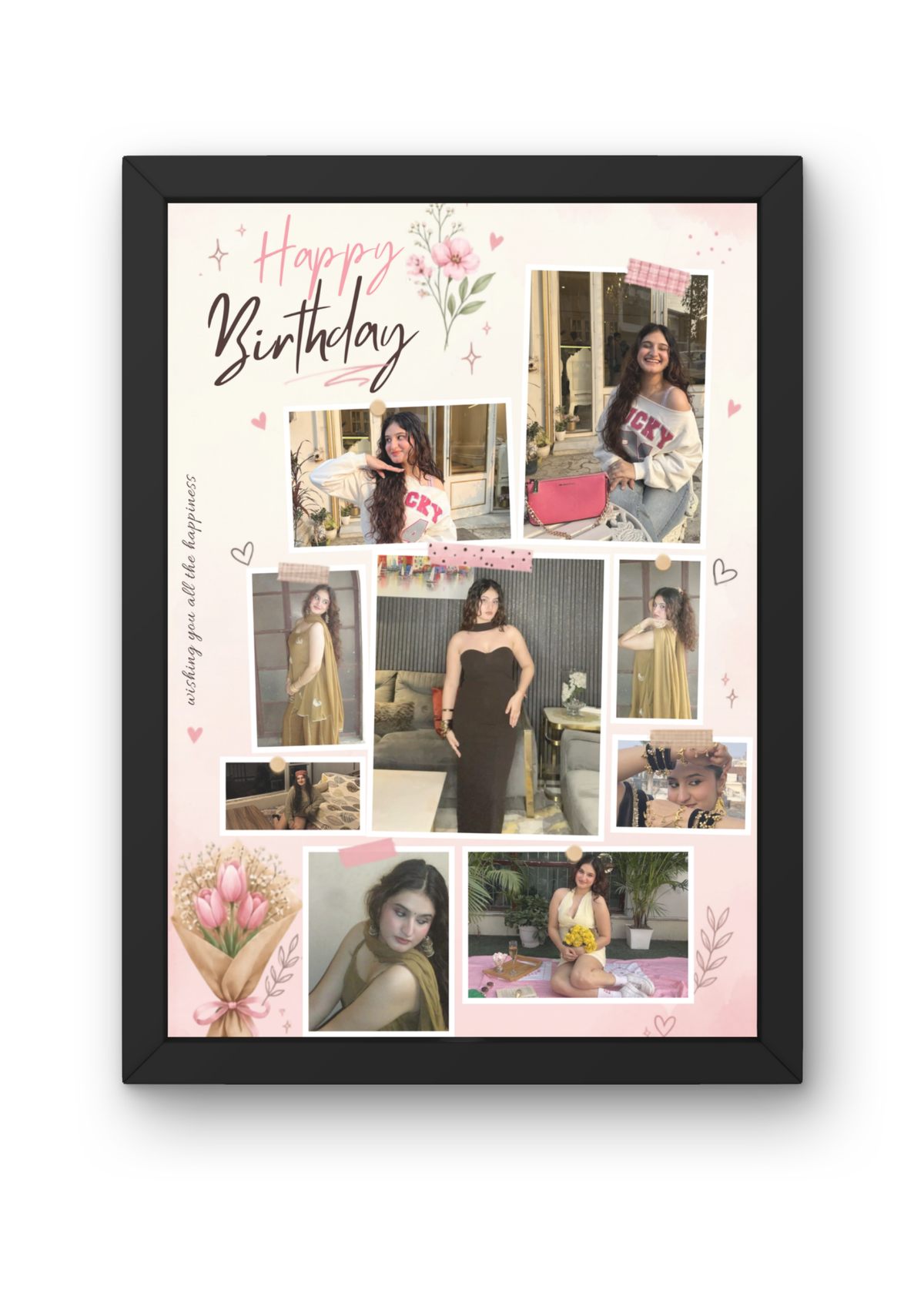 FrameYourMemories Customized Aesthetic Birthday Scrapbook Frame – 9-Photo Pink Floral Birthday Collage Frame with Celebratory Wishes (12x8 Inch, 0.5 Inch Breadth)