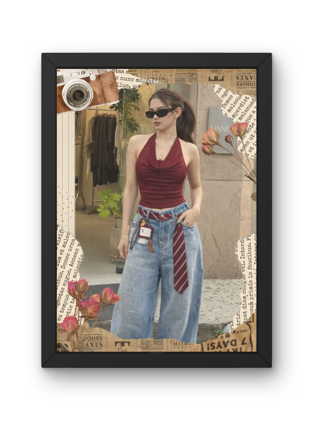 FrameYourMemories Customized Vintage Newspaper & Camera Solo Portrait Frame – Aesthetic Scrapbook Photo Frame (12x8 Inch, 0.5 Inch Breadth)
