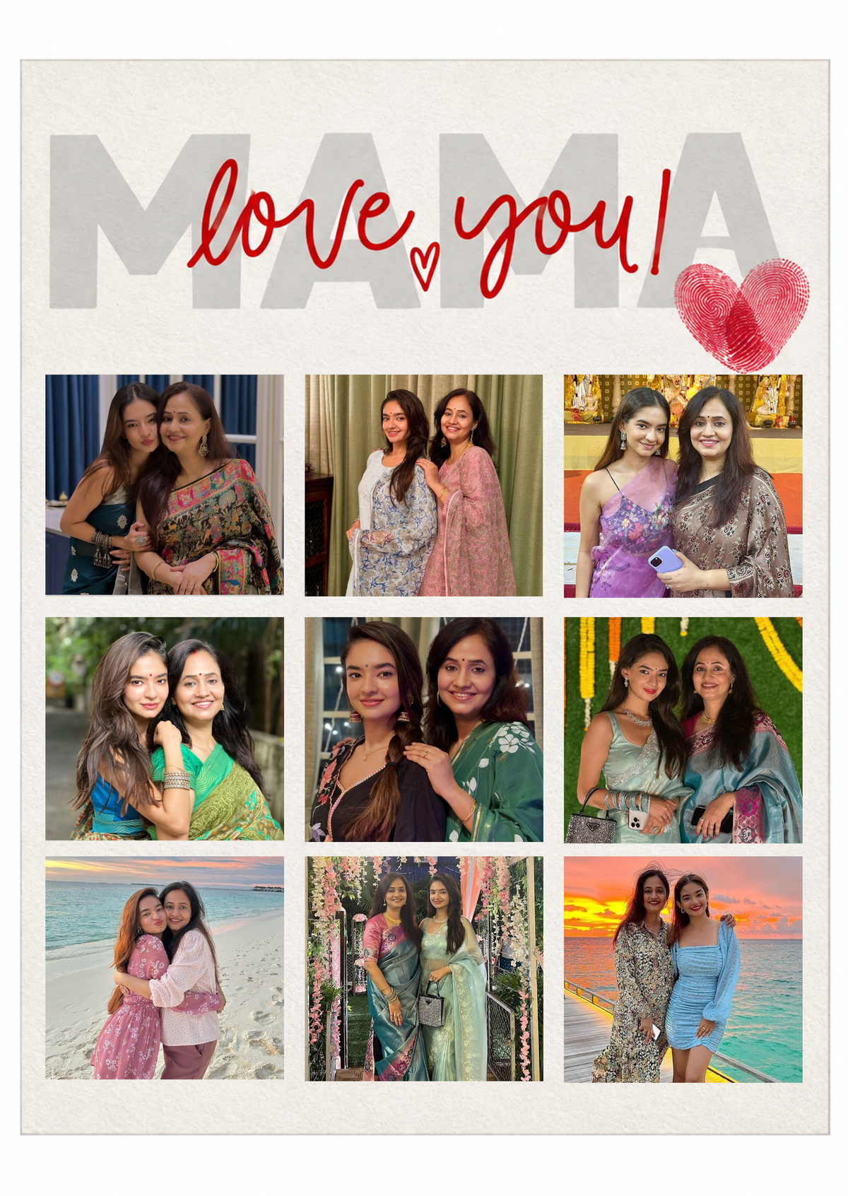FrameYourMemories Customized "Love You MAMA" Photo Collage Frame – Minimalist 9-Photo Mother's Day & Birthday Grid Frame with Fingerprint Heart (12x8 Inch, 0.5 Inch Breadth)